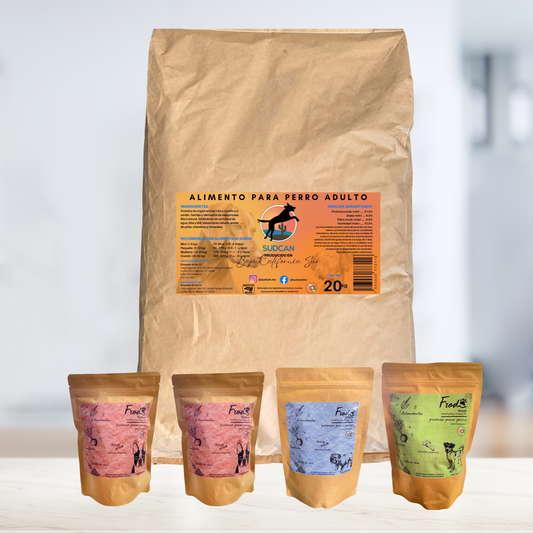 El paquete básico incluye 1 saco de alimento SUDCAN adulto de 20 kilogramos; 2 bolsas de FROD premios semi-húmedos funcionales para perros 370 gramos; 1 bolsa de FROD sticks premios tamaño grande y 1 bolsa de FROD pouf 170 gramos premios semi-húmedos para perro tamaño mediano.